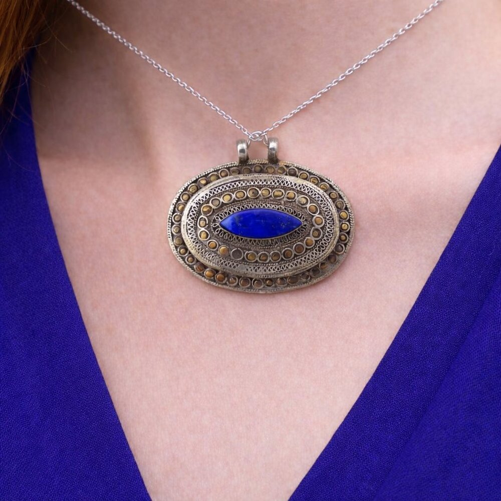 Vintage Afghan Lapis Lazuli Pendant Kuchi Tribal Silver Boho Pendant